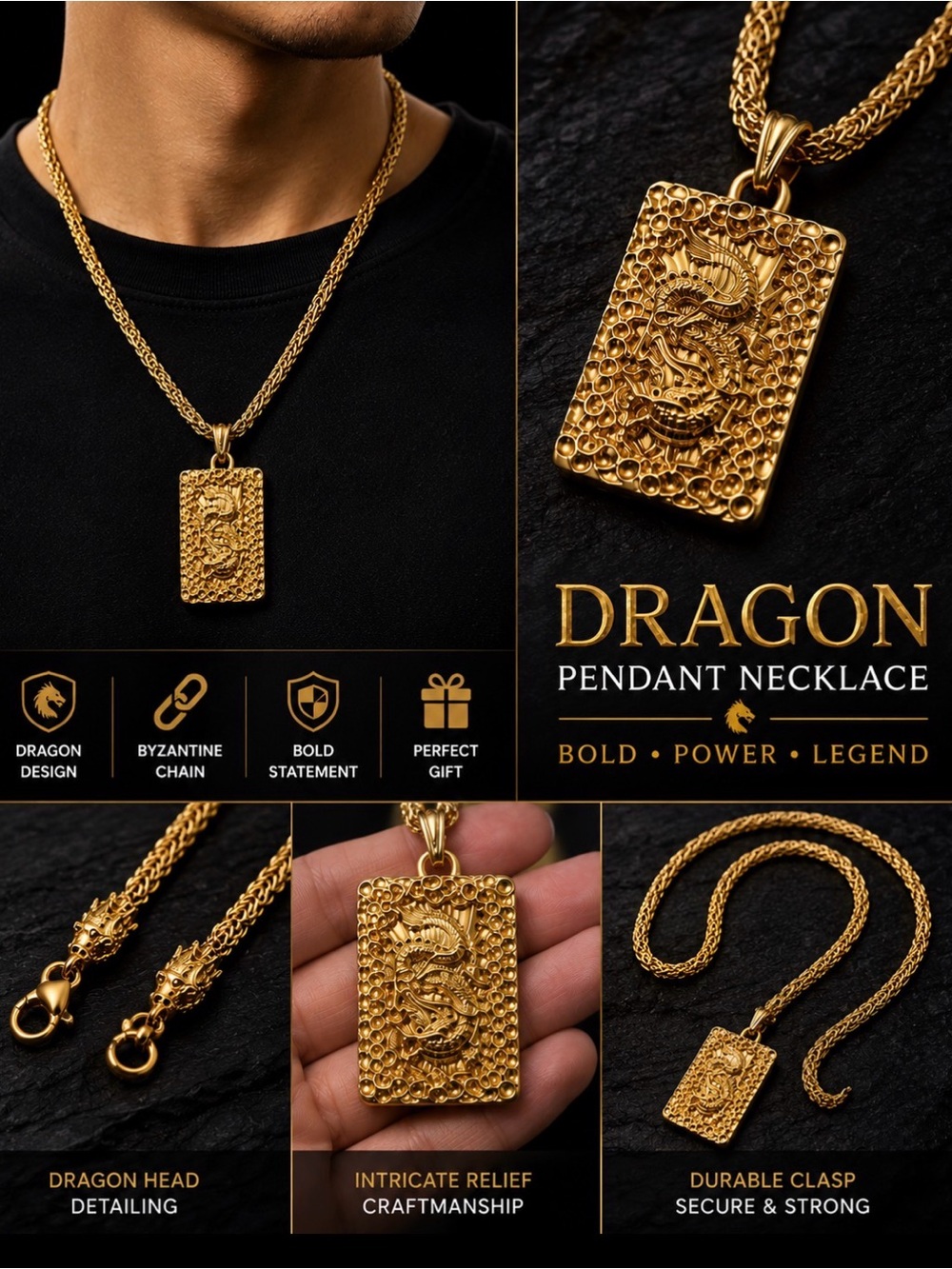 Men’s Sand Gold Dragon Pendant Necklace Non-Fading Byzantine Chain